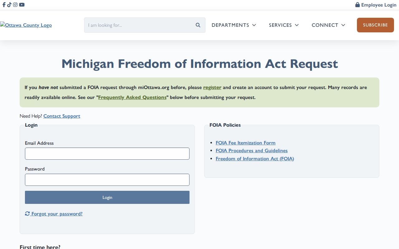 Ottawa County FOIA Center account and records request landing page