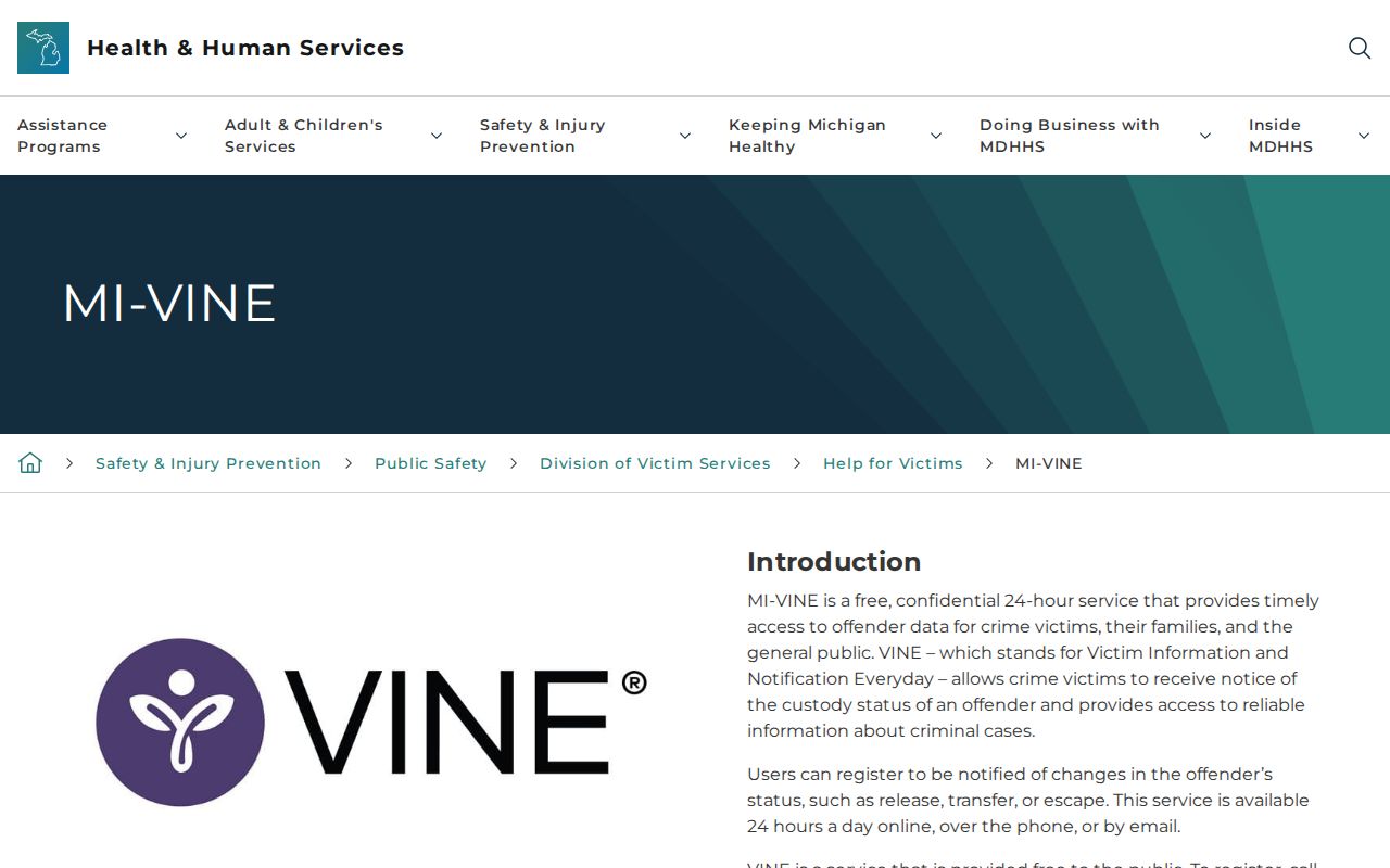 Official Michigan MI-VINE program information
