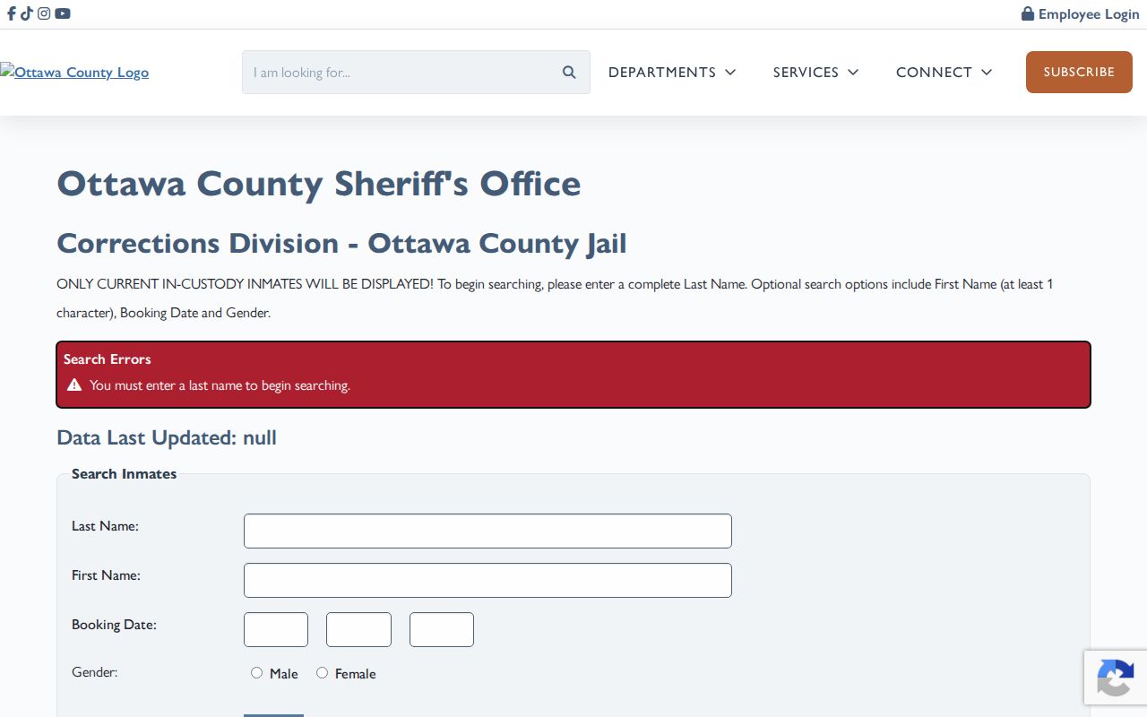 Ottawa County Inmate Lookup search form for current in-custody records