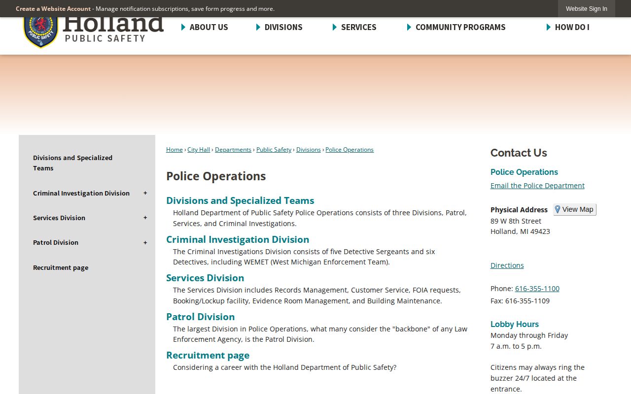 Holland Police Operations contact for recent arrest records
