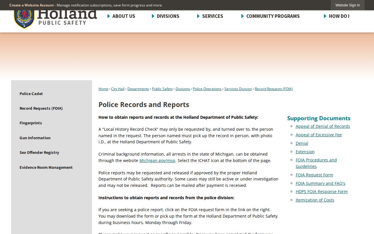 Holland arrest records and FOIA request instructions in Ottawa County
