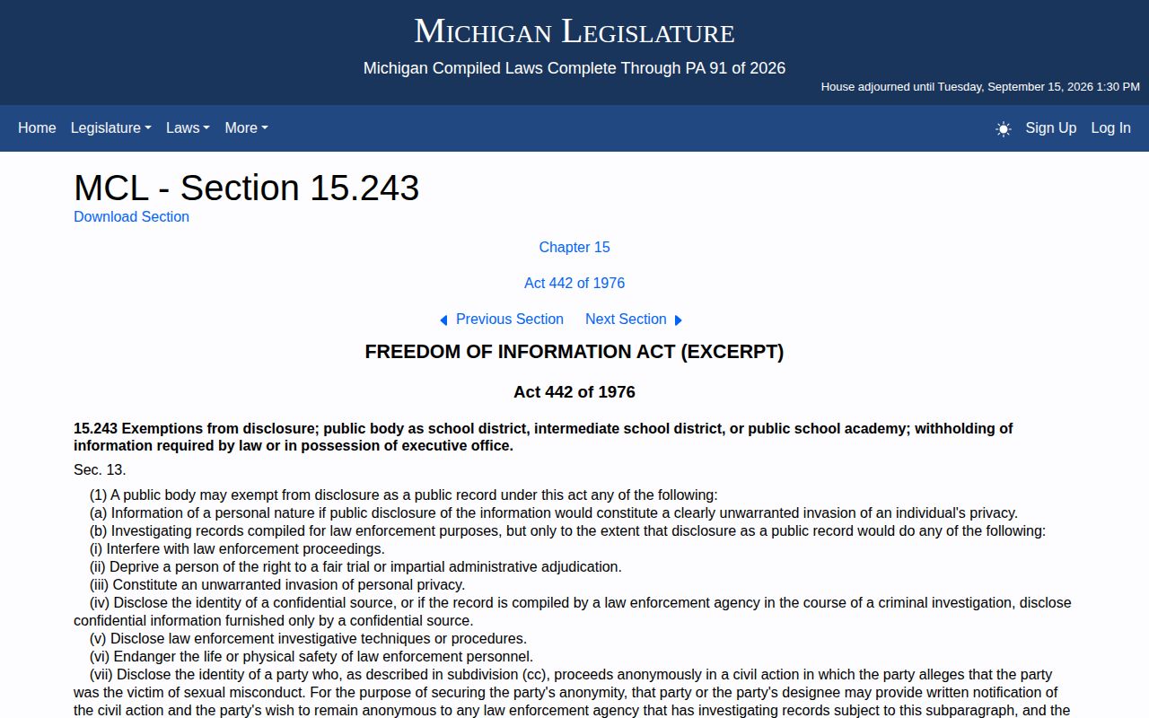 Michigan FOIA law-enforcement and privacy exemption text
